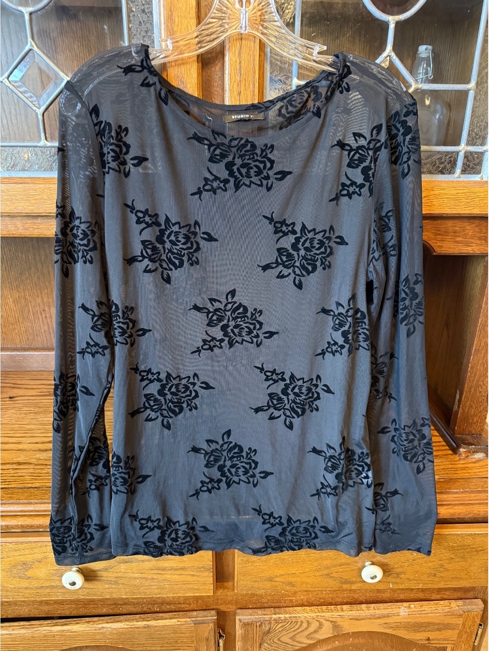 Studio Y Black Flocked Velvet Rose Sheer Mesh Top Whimsigoth Fairy Grunge M